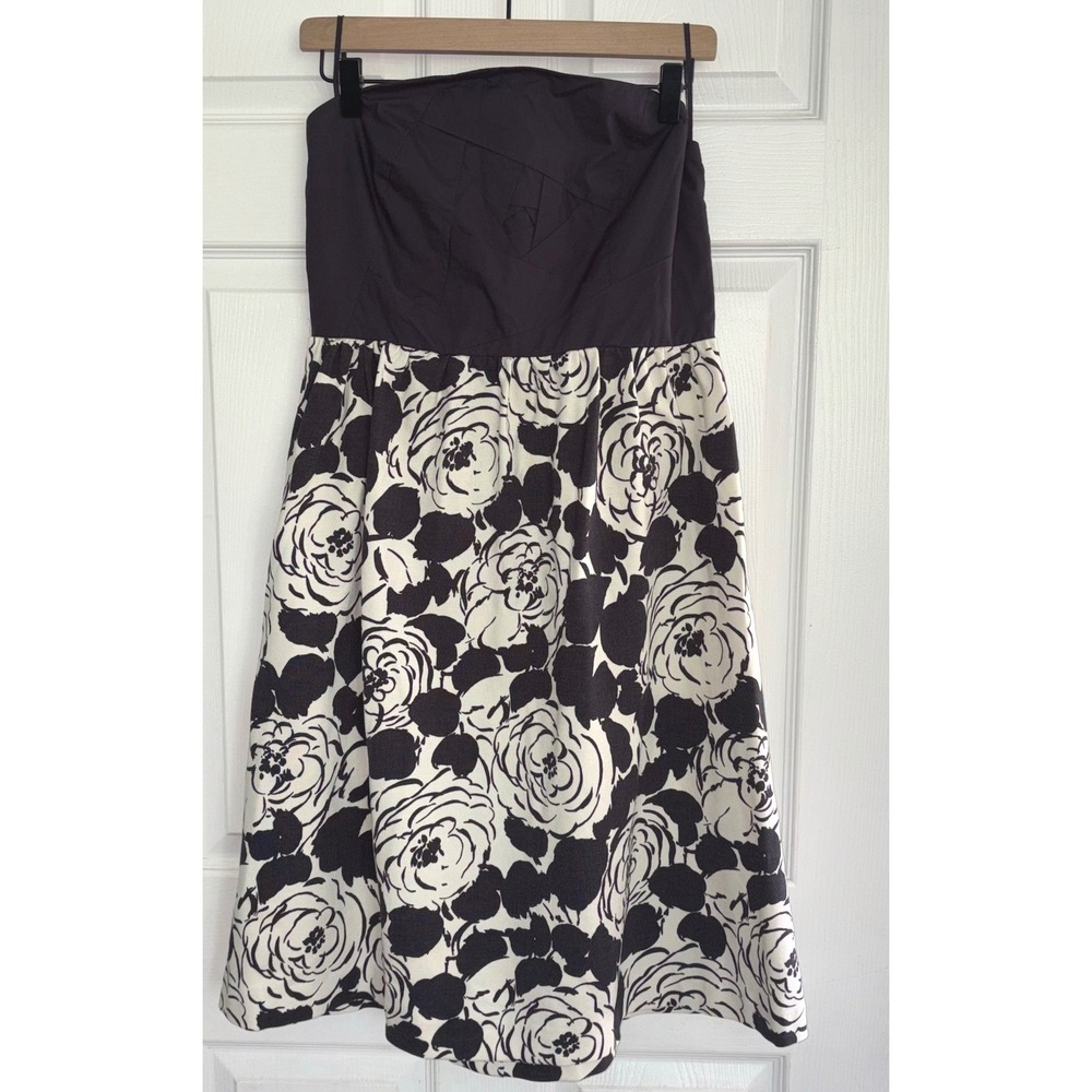 Deletta Strapless Dress Sz Large Black Cream Floral Anthropologie Origami Bodice
